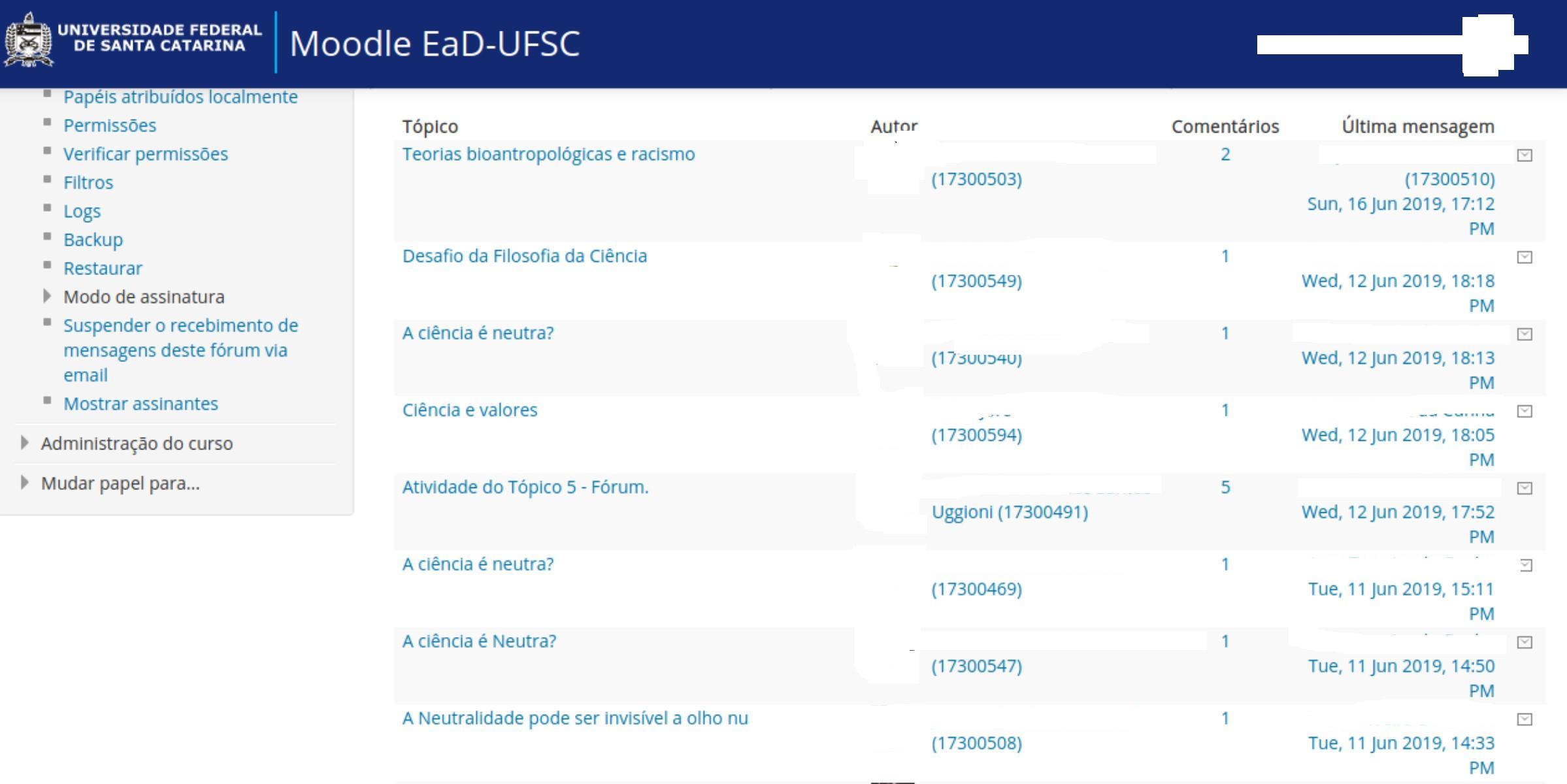 Captura de tela mostrando as postagens do fórum.