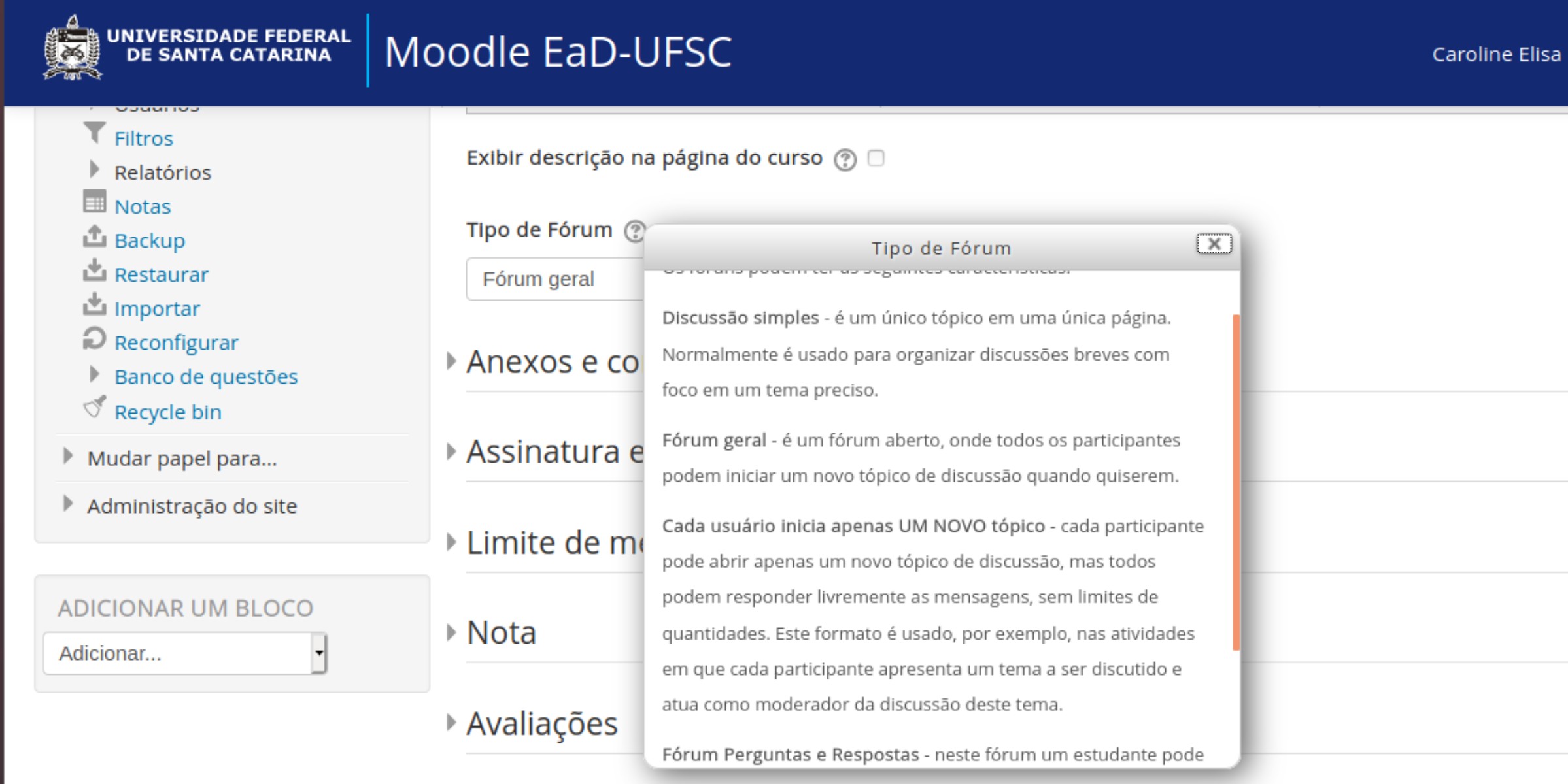 Captura de tela mostrando as opções de tipos de fórum.