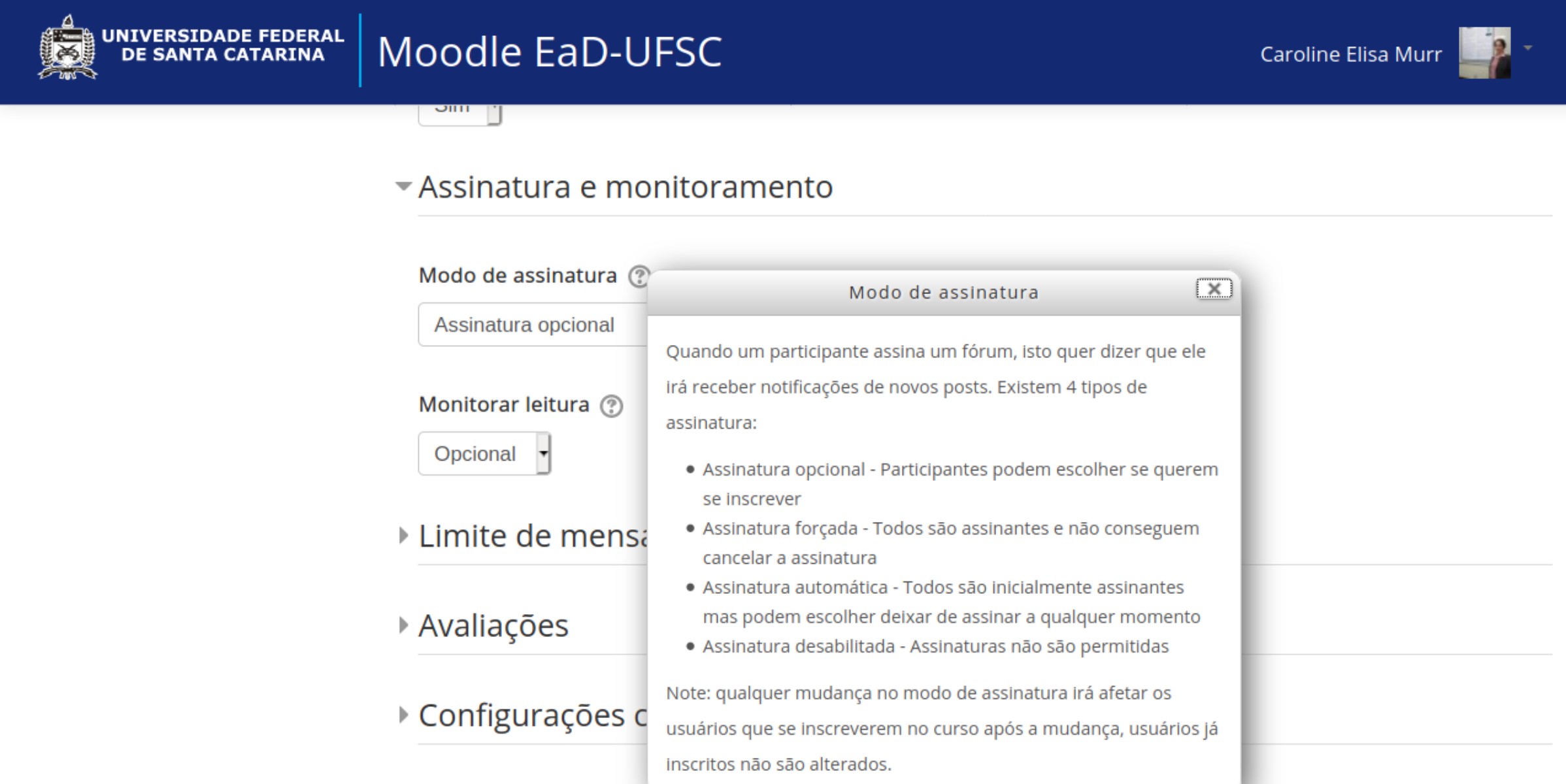 Captura de tela mostrando Opções de configuração de assinatura e monitoramento.