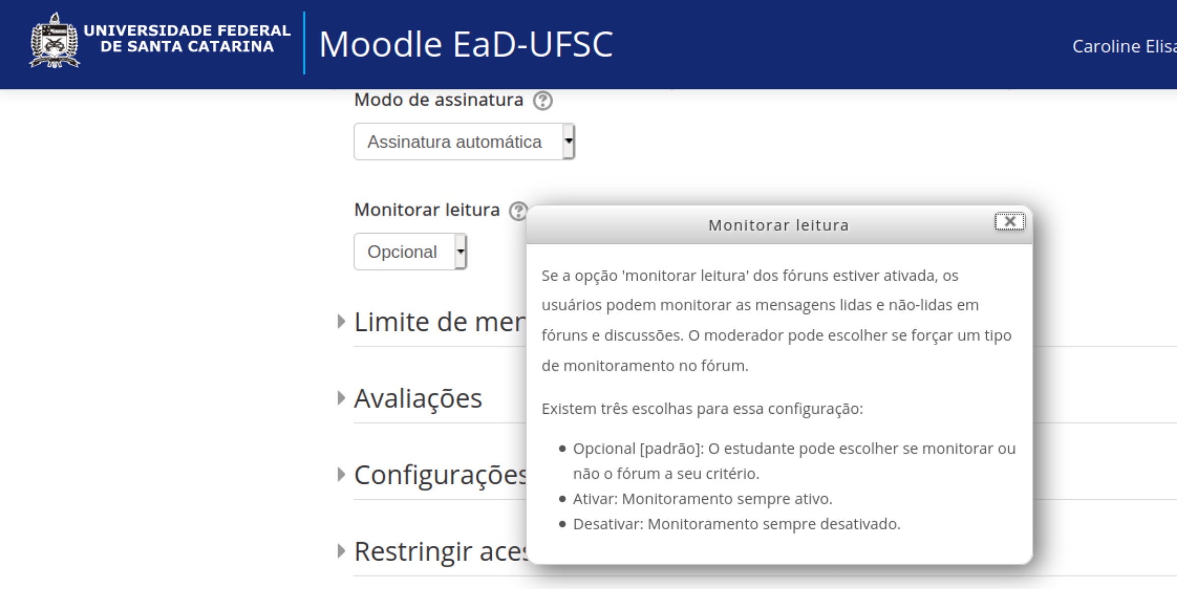 Captura de tela mostrando as configurações para esse item.