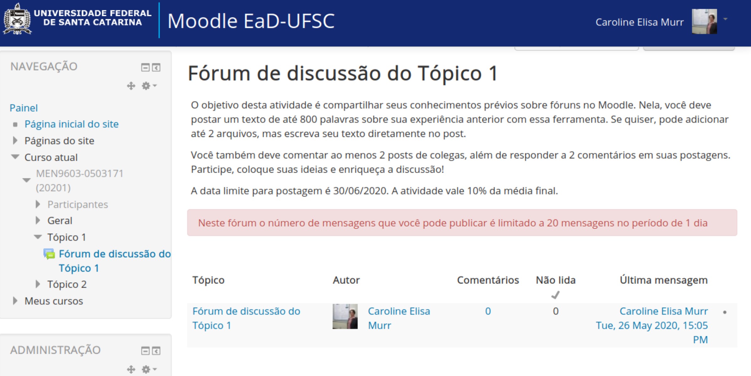 Visualização do fórum na página do curso.